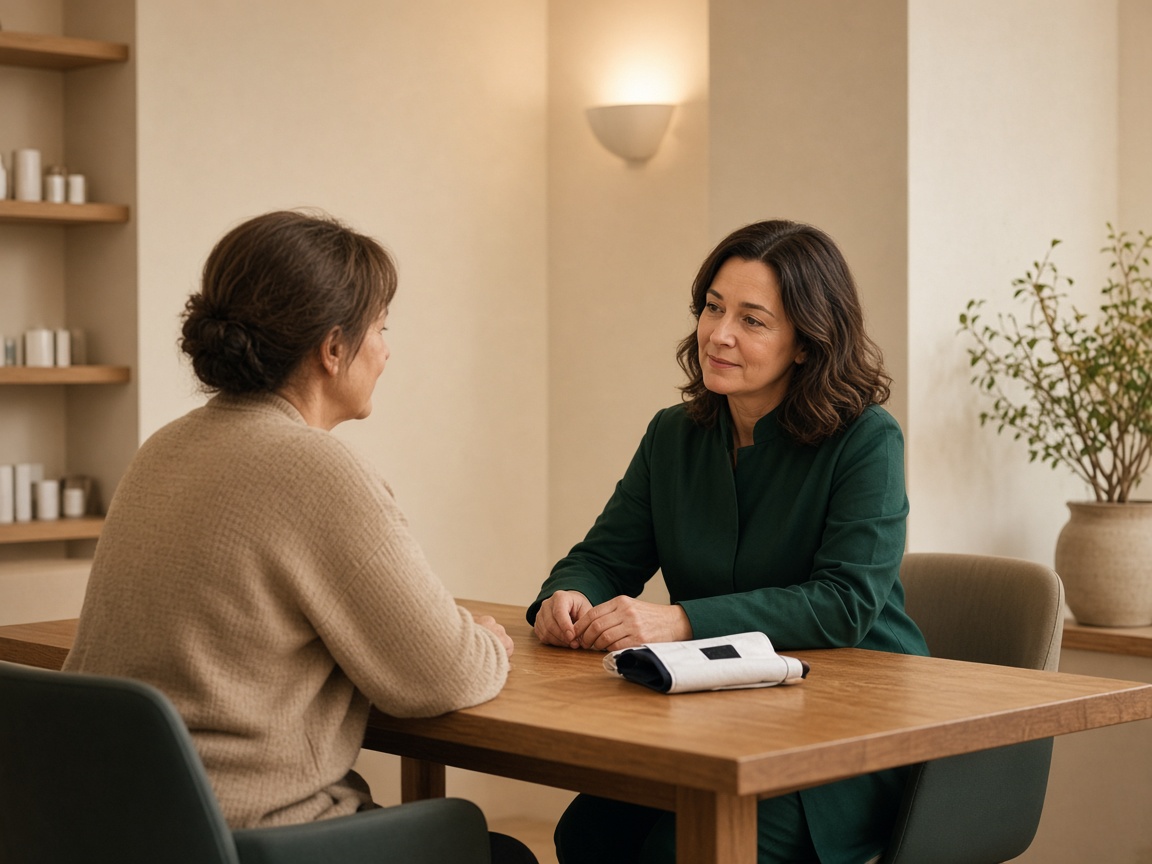 Pharmacist speaking with a visitor in a quiet corner