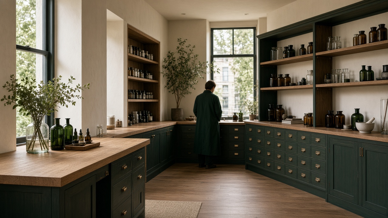 Calm pharmacy interior with wooden counters and green glass