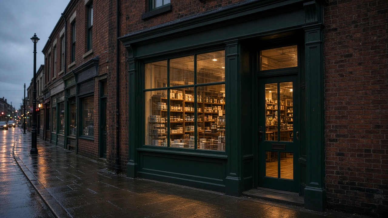 Evening light on a green-framed high street shop