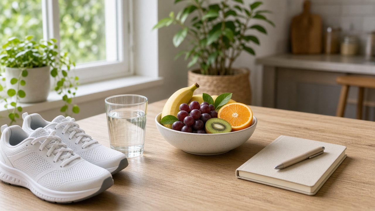 Fruit, water, and walking shoes on a kitchen table